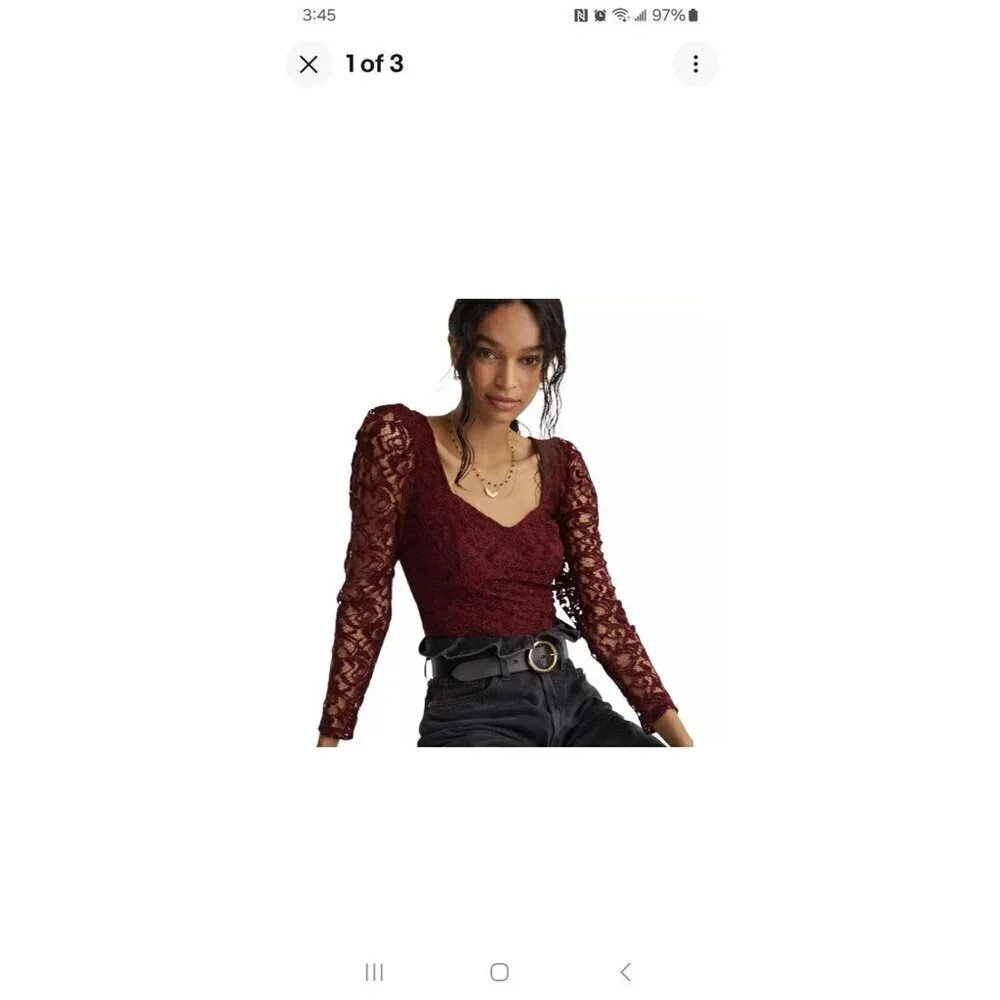 Anthropologie Deep Wine Burgundy Red Lace Sleeve Sweetheart Blouse Size Large
